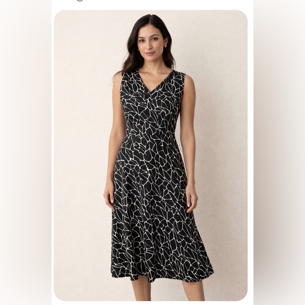 Pendleton Black and White Abstract Print Silk Blend Sleeveless V-Neck Midi Dress
